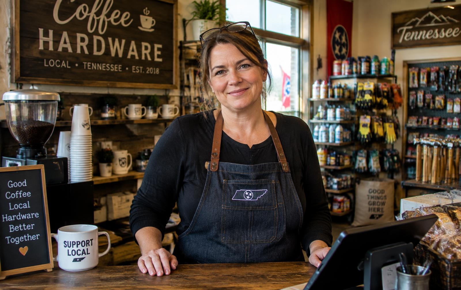 Smiling small-business owner behind the counter of her Tennessee shop